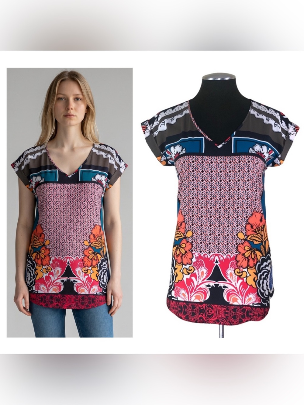 🆕 Express - Multicolor Mixed Print V-Neck Cap Sleeve Top - Small